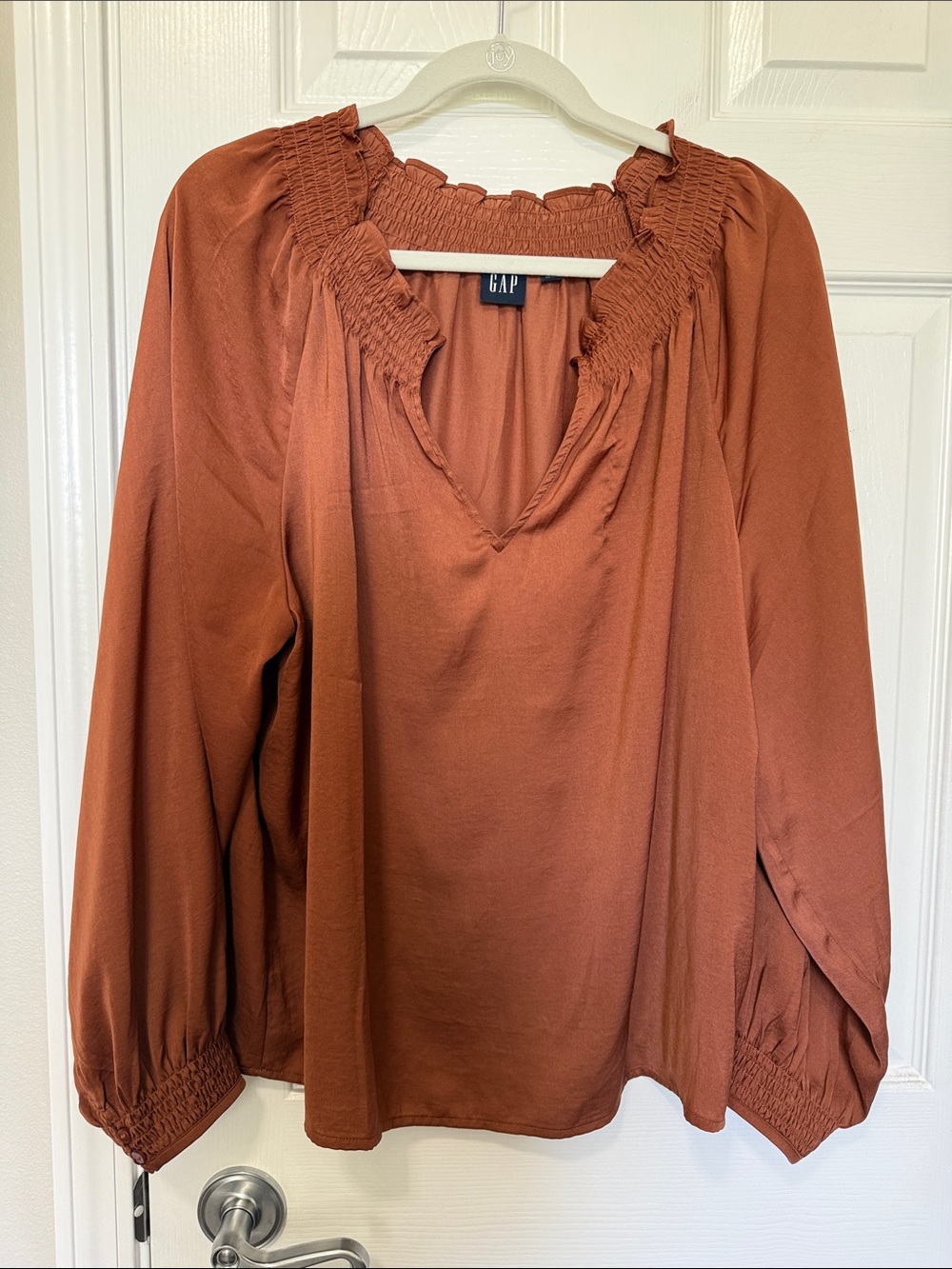 GAP Rust Smocked V-Neck Balloon Sleeve Blouse Sz XL